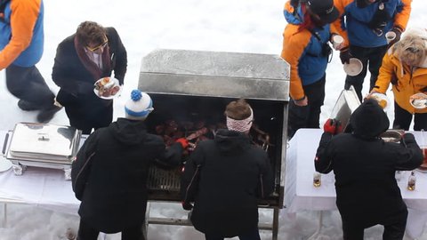 North pole - 15 July 2016: Exclusively exotic expedition. Holiday dinner at the North pole (report). Lamb chops on grill