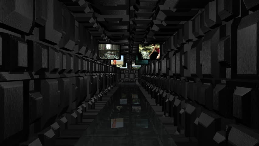 Video monitors along a dark corridor reveal planet Earth.