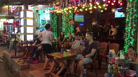 SAIGON, VIETNAM - DECEMBER 19, 2016: Nightlife with bars and pubs, Bui Vien Street in district one in HCMC