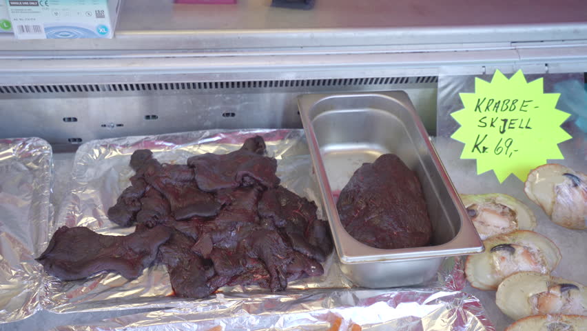 Whale meat in Bergen fish market - April 2016. Bergen, Norway
Text: Krabbe skjell - crab armor
