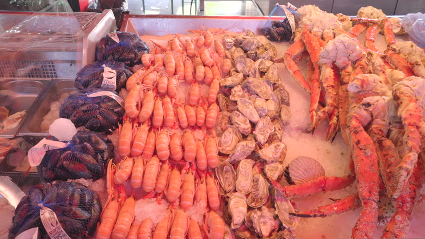 Seafood in Torget fish market - Bergen, Norway