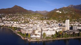 4K Aerial footage of Montreux - Leman Lake waterfront, Switzerland