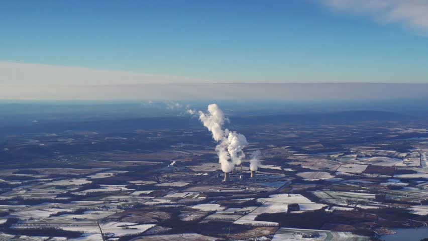 Western PA, Appalachian Rural aerials, 4K distant nuke plant makes power and smoke. 