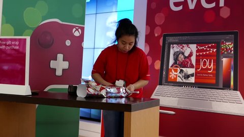 Burnaby, BC, Canada - December 23, 2016 : Free gift wrap with purchase at Microsoft store in Burnaby BC Canada with 4k resolution