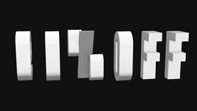 90 percent off 3d letters rotate on black background. 3d render 4K and Full HD footage. Alpha matte included.
