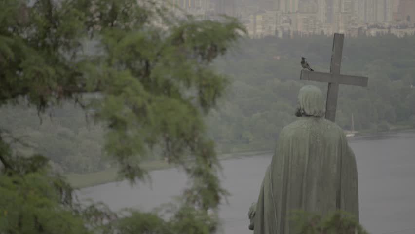 Kiev. Ukraine. Monument to Volodymyr the Great on the banks of the Dnieper river. Close-up
