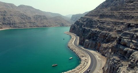 Coastal Road with Cars Driving Musandam Sultante of Oman
