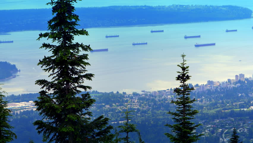 4K Vancouver Aerial View, Downtown City, Freight Ships, Blue Light
