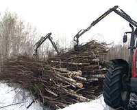 tractor with crane load branches into trailer. forest management and biofuel production equipment.