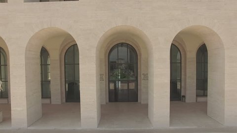 Sept 2016 Rome Eur Italy
Square coliseum, Palace of Italian Civilization, an icon of New Classical architecture and Fascist architecture. Camera moves away.