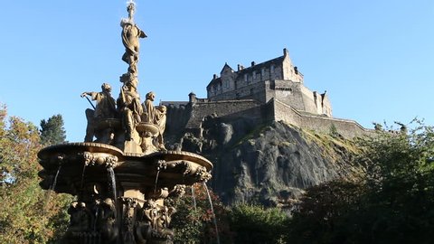 Ross Fountain and Edinburgh Castle viewed from Princes Street Gardens, Edinburgh, Scotland