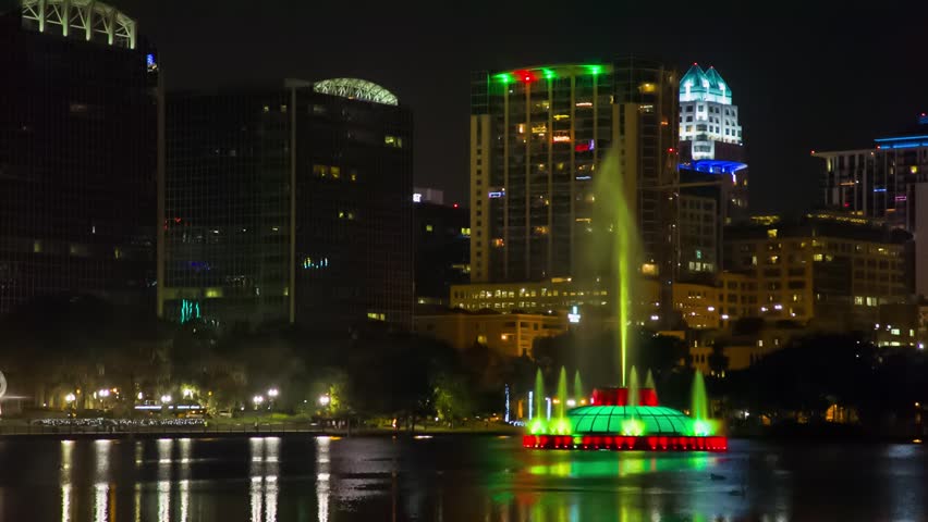 The Eola lake and downtown at night, Eola Park, Orlando, Florida USA