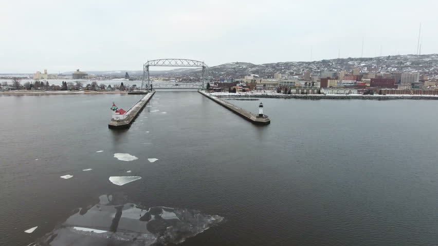 The shipping harbor in Duluth Minnesota during a frozen morning along the shores of Lake Superior.