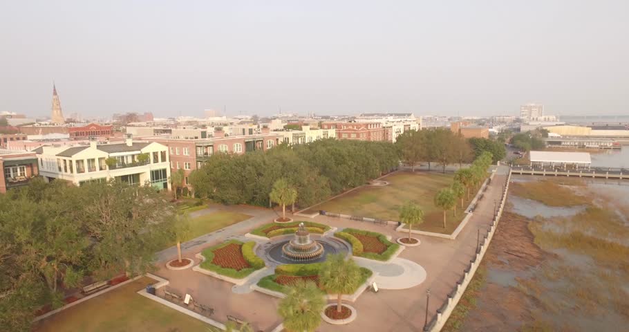 Aerial view from Charleston Harbor over Waterfront Park and the Pineapple Fountain in Charleston, SC.