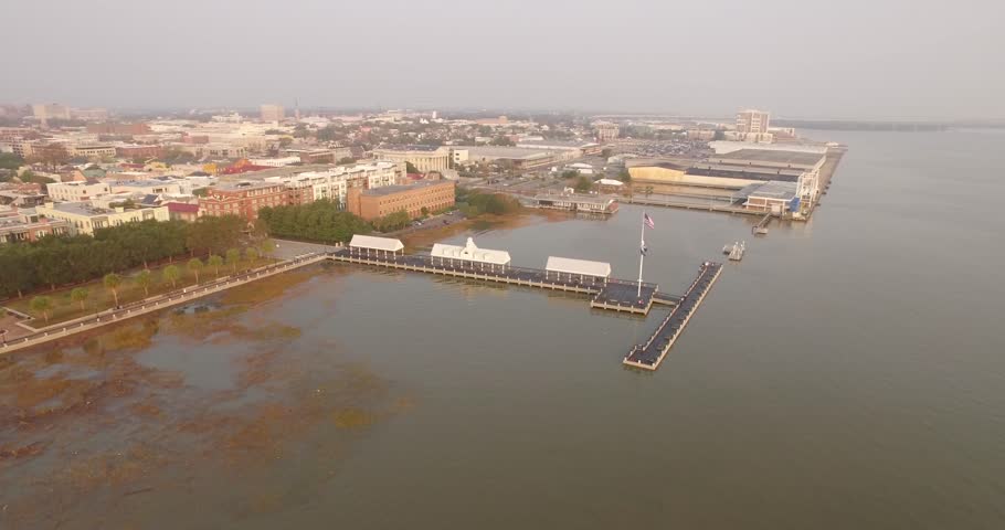 Aerial view from Charleston Harbor of Waterfront Park and the Pineapple Fountain in Charleston, SC.
