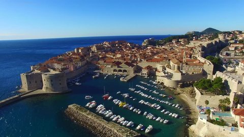 Dubrovnik: Aerial view of the city harbor in the old town of Dubrovnik in Croatia, Europe filmed by a drone 2/2