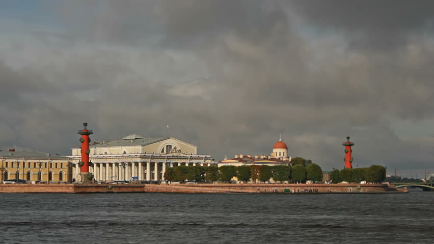 The Old Saint Petersburg Stock Exchange and Rostral Columns seen from the Neva River, timelapse, St. Petersburg, Russia