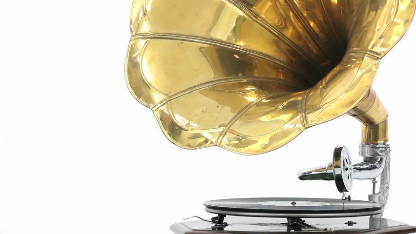 Vintage Gramophone playing a record with white background
