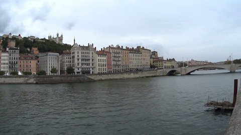 View of Lyon from embankment, river Rhone, historical buildings, city center,France