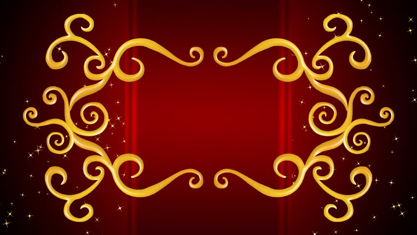 Growing golden title frame on red background with golden sparks. HD CG