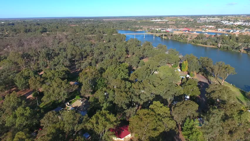 Aerial view of Mildura Wharf featuring Historic PS Paddle Steamer from river trade and George Chaffey Bridge. River Murray, Victoria. Dockside Marina
