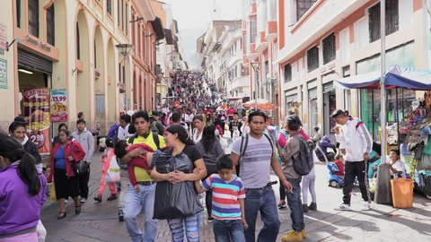 People walking in Shopping street in Quito Ecuador. Aug 28th, 2016