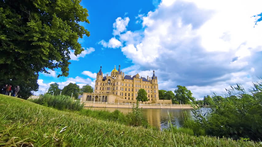 Picturesque view of Schwerin Palace (Schweriner Schloss), Mecklenburg Vorpommern state, Germany (Time Lapse)