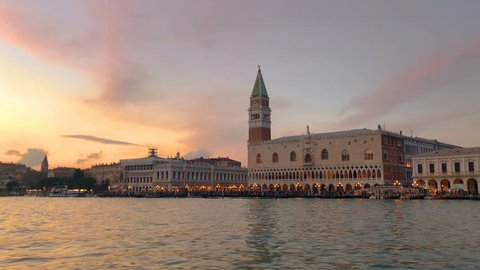 Venice city, Italy, Europe sunset. Sea canal boat view to gondolas. San Marco square, Doges Palace. Italian architecture landmark in Venice. Venezia, Italy, venetian travel tourism vacation background