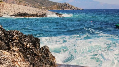 Mediterranean waves crashing off the coast of the Greek island, Zakynthos. 