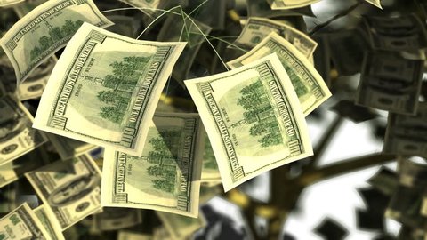 animation of money tree made up of hundred dollar bills shaking and shedding the leaves
