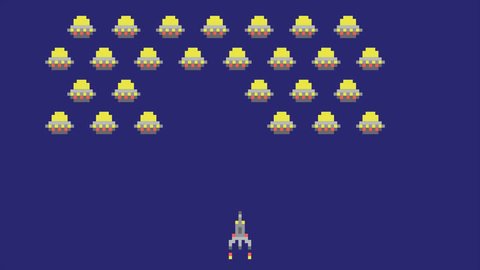Space arcade video game animation concept. Pixel art style ufos and spaceship cartoon HD motion design.