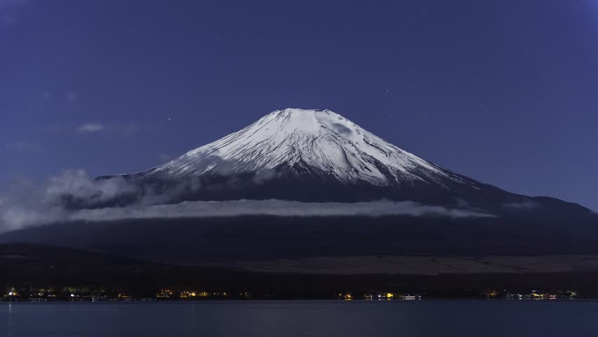 Time-lapse footage of the starry sky over Mount Fuji from Lake Yamanaka, Yamanashi Prefecture, Japan