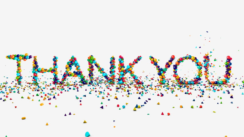 Motion graphics - thank you animation on white, fountain of geometric shapes