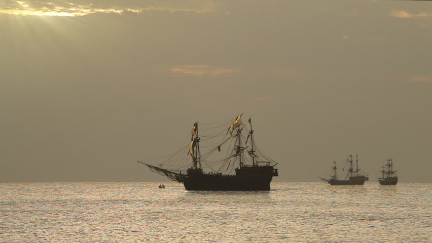 Old Sailing Ships at Sunset, Silhouette Royalty-Free Stock Footage #22828939
