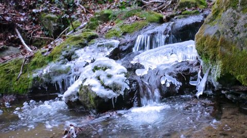 Flowing waterfall  and ice cryistals  cascade nature freezed weather 