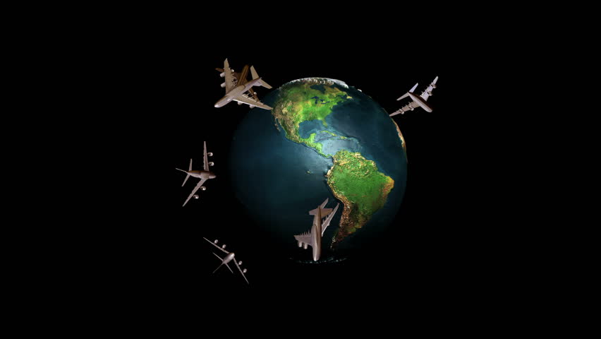 Earth rotating and Aircraft Traffic against black