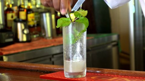 Cayo Levisa, Cuba, - NOVEMBER 16б 2016:
Preparation of Mojito Cocktail in the Cuban bar.
