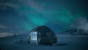 Geothermal electrical power generator metal dome night sky aurora Iceland winter 4k - Powered by Shutterstock - Get 15% off with code: PIKWIZARD15