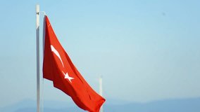 Turkish national flag waves against blue sky. 4k static camera shot
