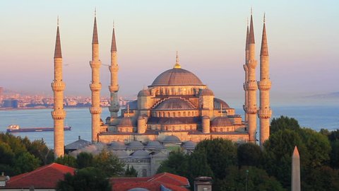 Time Lapse of Blue Mosque on sunset. Sultanahmet Camii most famous as Blue Mosque in Istanbul, Turkey
