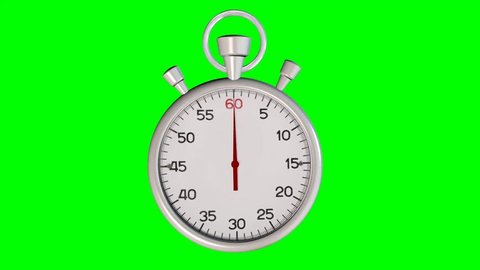 Stopwatch Loop Real time on Green Screen. Realistic stopwatch animation in seamless loop, realtime speed full 60 seconds