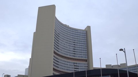VIENNA, AUSTRIA - DECEMBER, 24 Steadicam shot of United Nations office buildings, UNOV or UNO city. VIC complex. 4K video