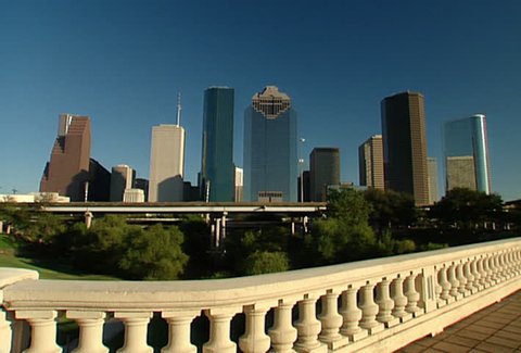 Houston Skyline from Sabine Street Bridge - zoom in to Heritage Plaza
