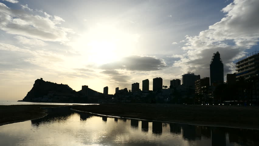 Sunset in Benidorm, Alicante, Valencian Community, Spain. Filmed in January 2017.