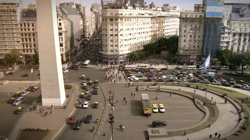 Aerial View Of Obelisco And Avenida 9 De Julio With Traffic And Pedestrians, Buenos Aires, Argentina