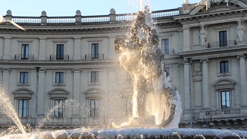 Frozen fountain in Piazza della Repeblica, Rome, Italy, selective focus