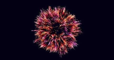 3D simulation of single firework-like explosion on dark blue background.