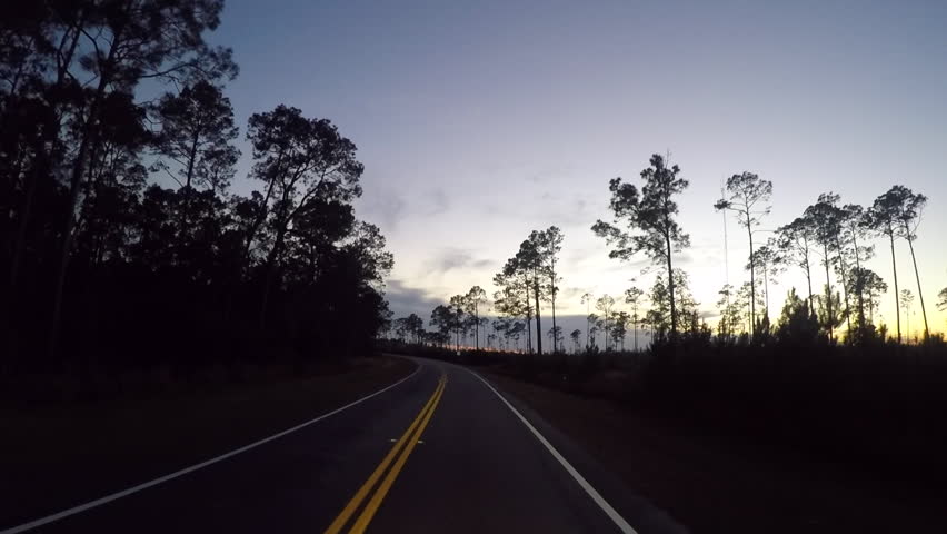 Drive through rural area near Okefenokee National Wildlife Refuge at dusk.