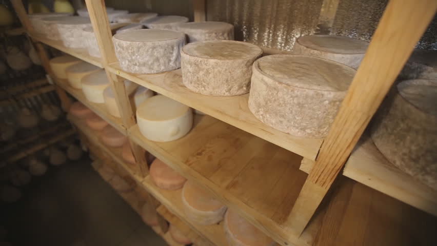 ?reamery, hard cheese, blue cheese. Close-up. Cellar.