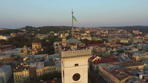 aerial view of Lviv, Ukraine, central hall and tower of Lvov 